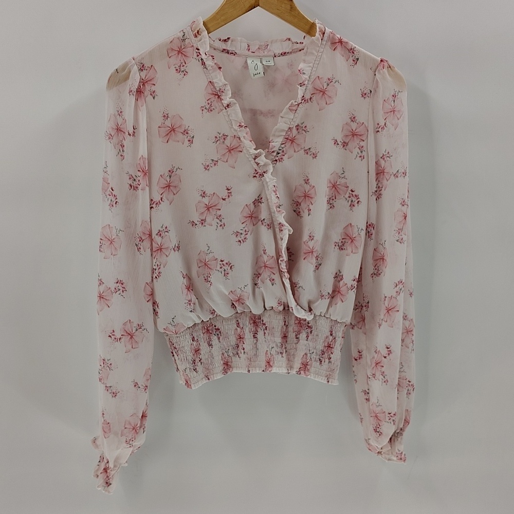 JOIE Pink Bow & Floral Print Splice Front Balloon Sleeve Blouse Size Small